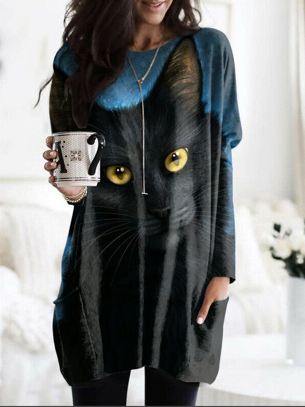 Punk Cat Pocket Long Tops Sweatshirt