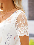 Floral V Neck Lace Casual T-Shirt