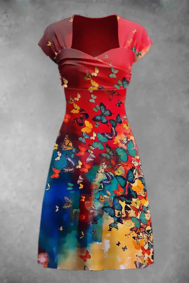 Retro Gradient Red Floral Butterflies Artistic Patchwork Casual Midi Dress