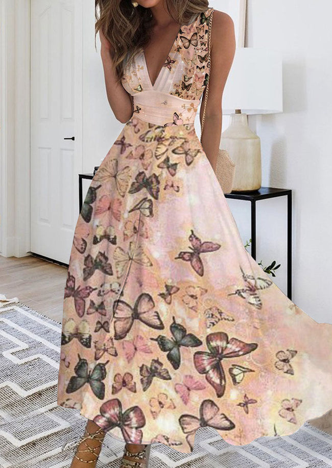 Pink Butterfly Print V Neck Loose Plain Elegant Dress