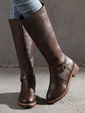 Vintage Round Toe Buckle Tall Boots Chunky Heel Riding Boots