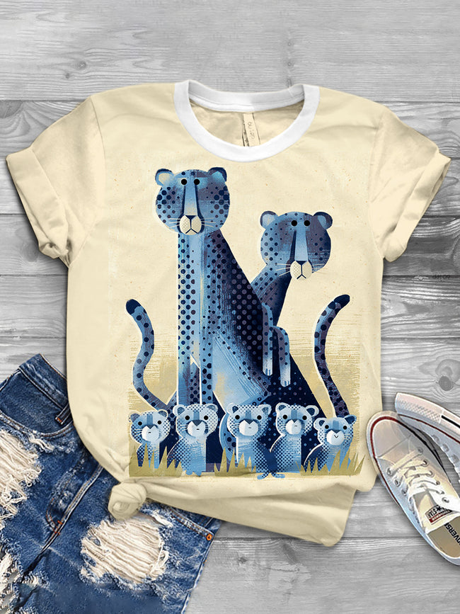 Casual Top Snow Leopard Family Print T-Shirt