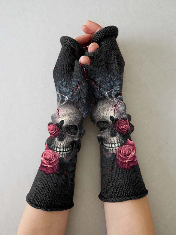 (Ship within 24 hours)Retro skull casual print knit fingerless gloves