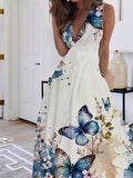 Women's Elegant Butterfly Print V Neck Long Dress