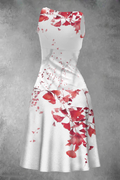 WOMEN'S RED LEAF ART PRINT SLEEVELESS WHITE MIDI DRESS