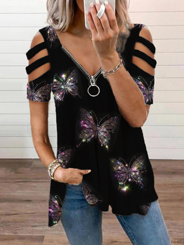 Glitter Butterfly Rhinestone Art Hollow Shoulder T Shirt