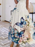 Women's Elegant Butterfly Print V Neck Long Dress