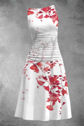 WOMEN'S RED LEAF ART PRINT SLEEVELESS WHITE MIDI DRESS