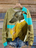 Vintage Dog Art Print Knit Pullover Sweater