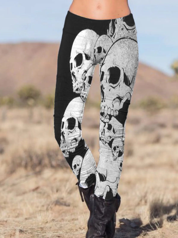 Skull punk print casual stretch pants