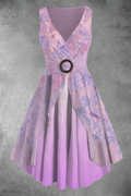 Pink Purple Flower Art Print Women's Fashion Temperament Asymmetric Skirt V-neck Mini Dress