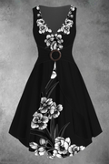 Black & White Flower Art Print Women's Fashion Temperament Asymmetric Skirt V-neck Mini Dress