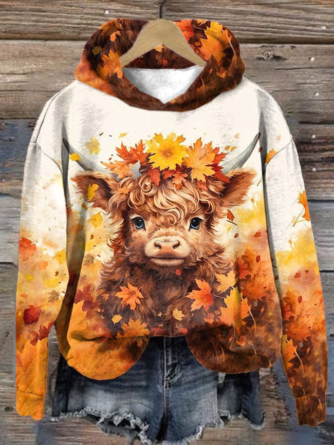 🔥Buy 3 Get 10% Off🔥Women's Highland Bull Maple Leaf Print Hoodie