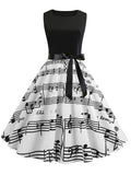 Vintage Music Notes Sheet Wide Skirt Midi Dress