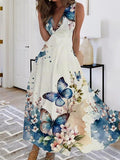 Women's Elegant Butterfly Print V Neck Long Dress