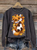 Women's Fun Maple Leaf Fox Printed Sweatshirt