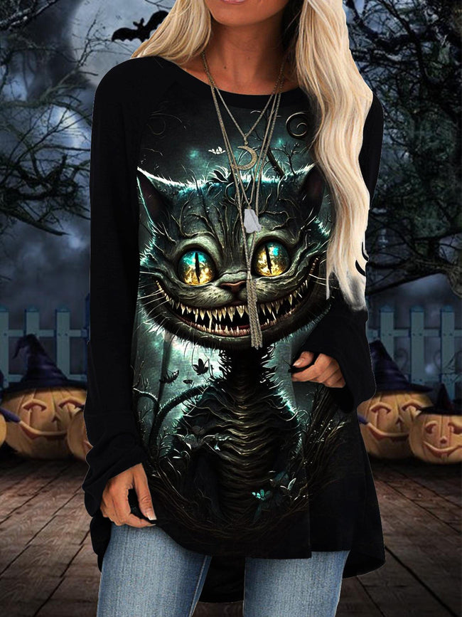 Halloween Cat Print Long Sleeve Top