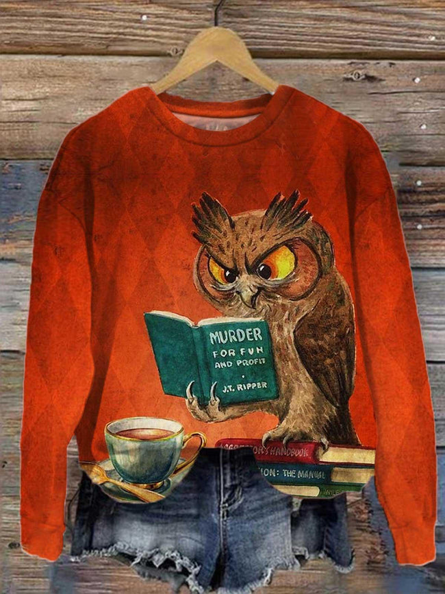 Women's Book Owl Print Casual Long Sleeve Top