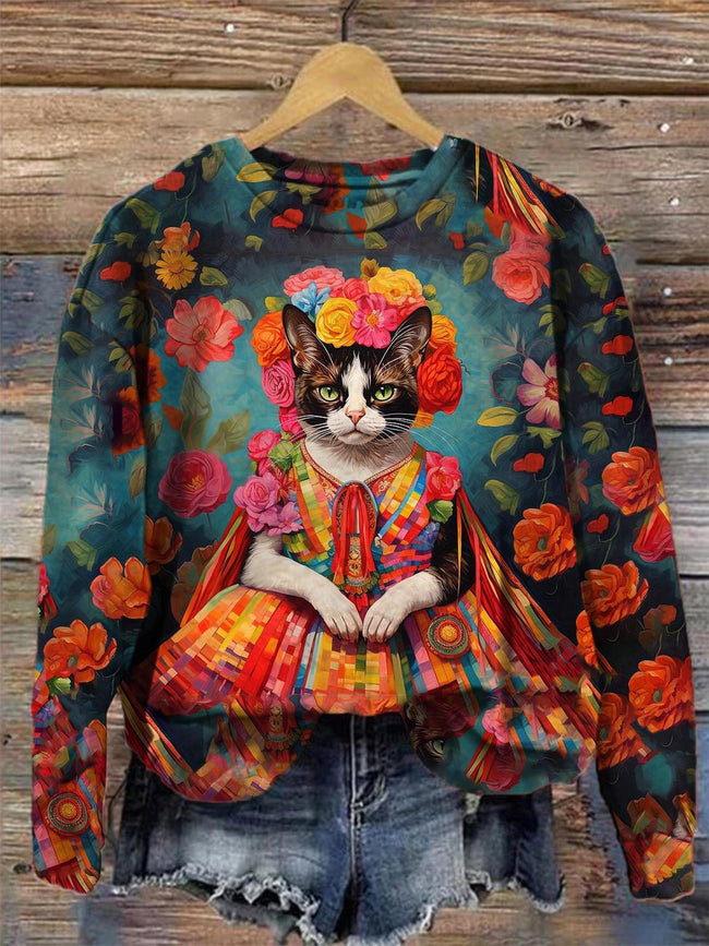 Fashion Cats Painting Poster Print Crew Neck Top