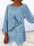 Casual printed dragonfly Paneled V Neck Solid 3/4 Sleeve Shirts & Tops