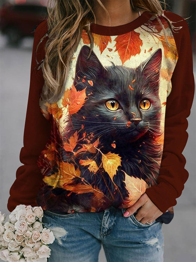 Leaf Cat Art Print Casual Crew Neck Top