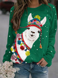 Women's Funny Christmas Alpaca Print Casual Round Neck Long-Sleeved Sweatshirts