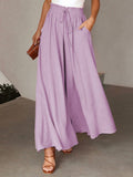 Plain Casual Wide Leg Shirred Waist Pant