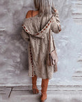 Hoodie Khaki Diamond Elbow Patch Long Cardigan Sweater