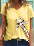 Women's T shirt Tee White Yellow Blue Graphic Giraffe Print Short Sleeve Casual Daily Basic V Neck S