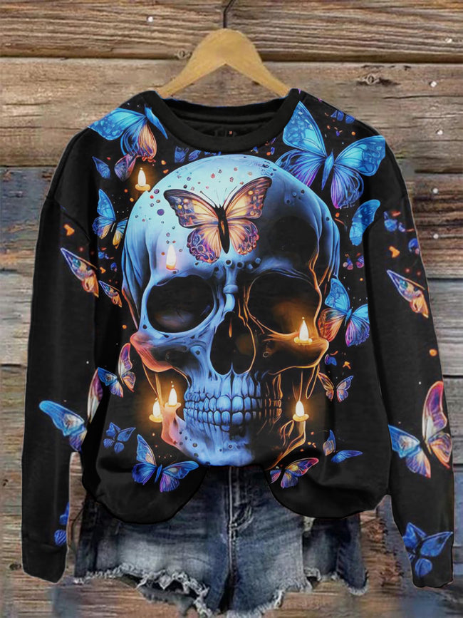 Halloween Skull Butterfly Contrast Sweatshirt