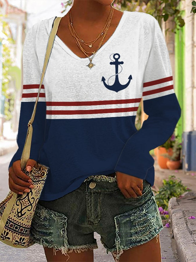 Anchor Long Sleeve V-Neck Print T-Shirt