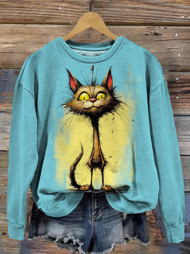 Lovely Cat Contrast Graphic Print Vintage Sweatshirt