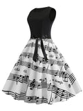 Vintage Music Notes Sheet Wide Skirt Midi Dress