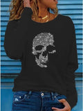 Women's T shirt Tee Black White Red Skull Sparkly Rhinestone Long Sleeve Casual Weekend Basic Round Neck Regular Painting S