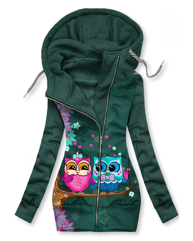 Women's Owl Print Cardigan Hoodie-120106