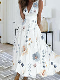 Women's Elegant Floral Print V-Neck Long Dress