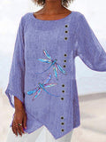 Casual printed dragonfly Paneled V Neck Solid 3/4 Sleeve Shirts & Tops