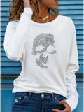 Women's T shirt Tee Black White Red Skull Sparkly Rhinestone Long Sleeve Casual Weekend Basic Round Neck Regular Painting S