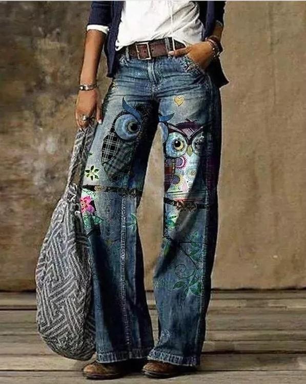 Women's Vintage  owl print Faux Denim Print Pants