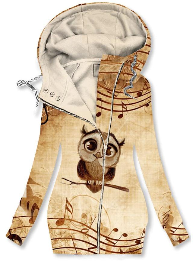 Women's Winter vintage Owl Printed Fleece Hooded Sweatjacke