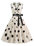 Women's V-neck Sleeveless Polka Dot Lace Up Waist Retro Swing Dress