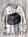 Vintage Cute Cat Art Print Casual Knit Pullover Sweater