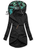 Women's Hooded Leaves Printing Zipper Long Sleeve Pocket Sweater Coat