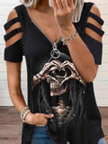 Women's Punk Skull Print V-neck Cold Shoulder T-shirt