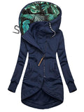 Women's Hooded Leaves Printing Zipper Long Sleeve Pocket Sweater Coat