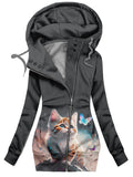 Women's Winter Cat Print Casual Hooded Track Jacket