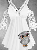 Women's Owl Lace V Neck Off Shoulder Design Tank Top