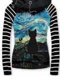 Women's Retro Punk Starry Sky Cat Art Casual Stripe Hooded Sweatjackenirl