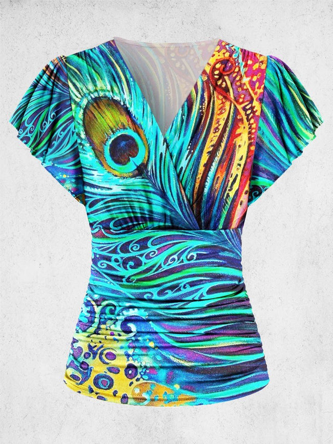 Women's Elegant V Neck peacock print Slim Fit Ruched Top