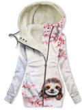 Women's Winter Floral Sloth Print Casual Fleece Track Jacket